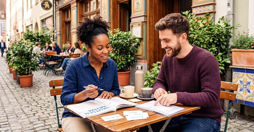 Two friends sitting outside a bar studying the German cases