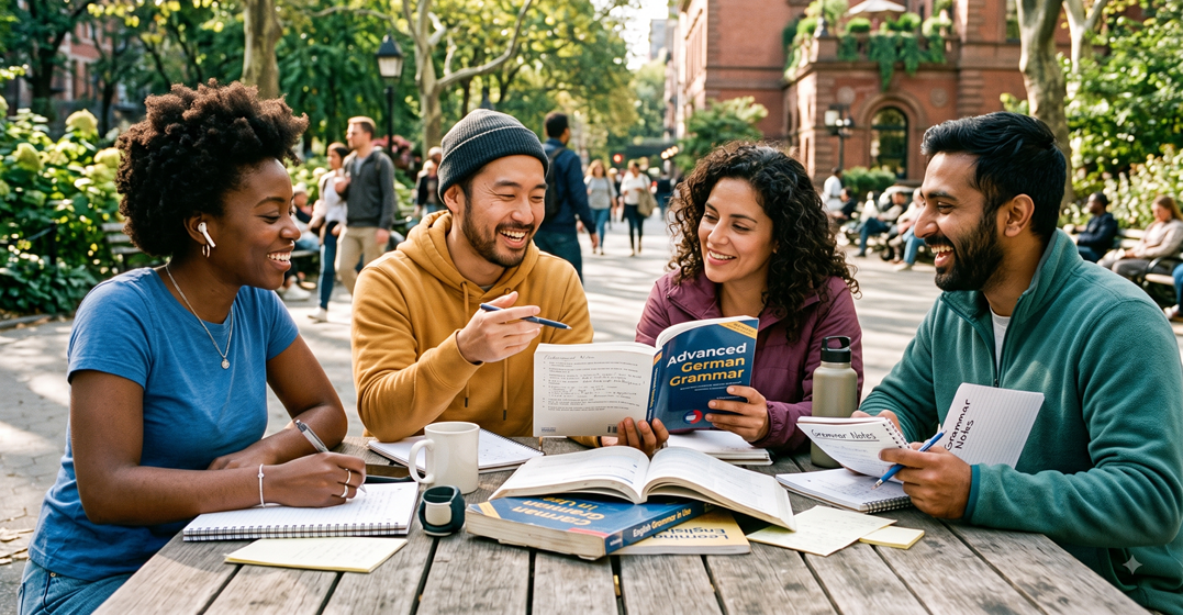 Four frineds sitting outside on a wooden table studying the German dative case with books