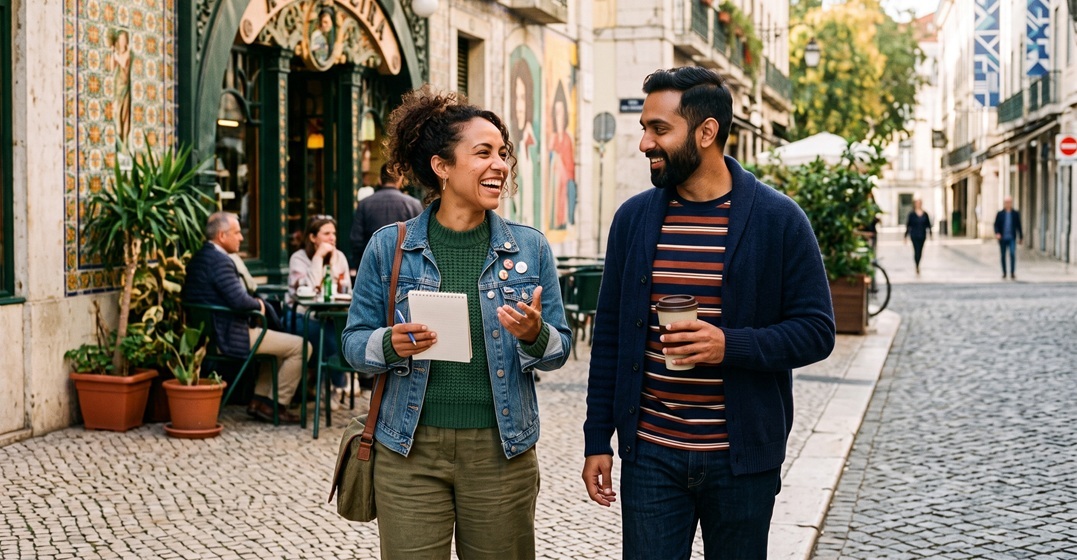 A man and a woman walking down a cobble stone street practiing the German present tense