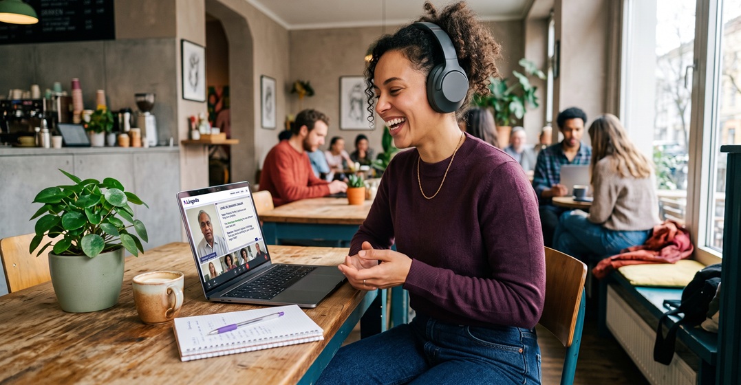 A woman sitting in a café with her laptop taking a Lingoda class abotu German regular verbs