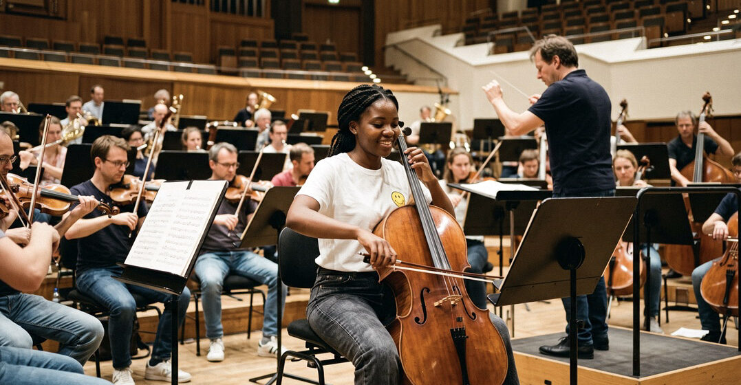 Young African woman, taking a break from learning German tenses and playing the cello as a soloist in front of an orchestra.